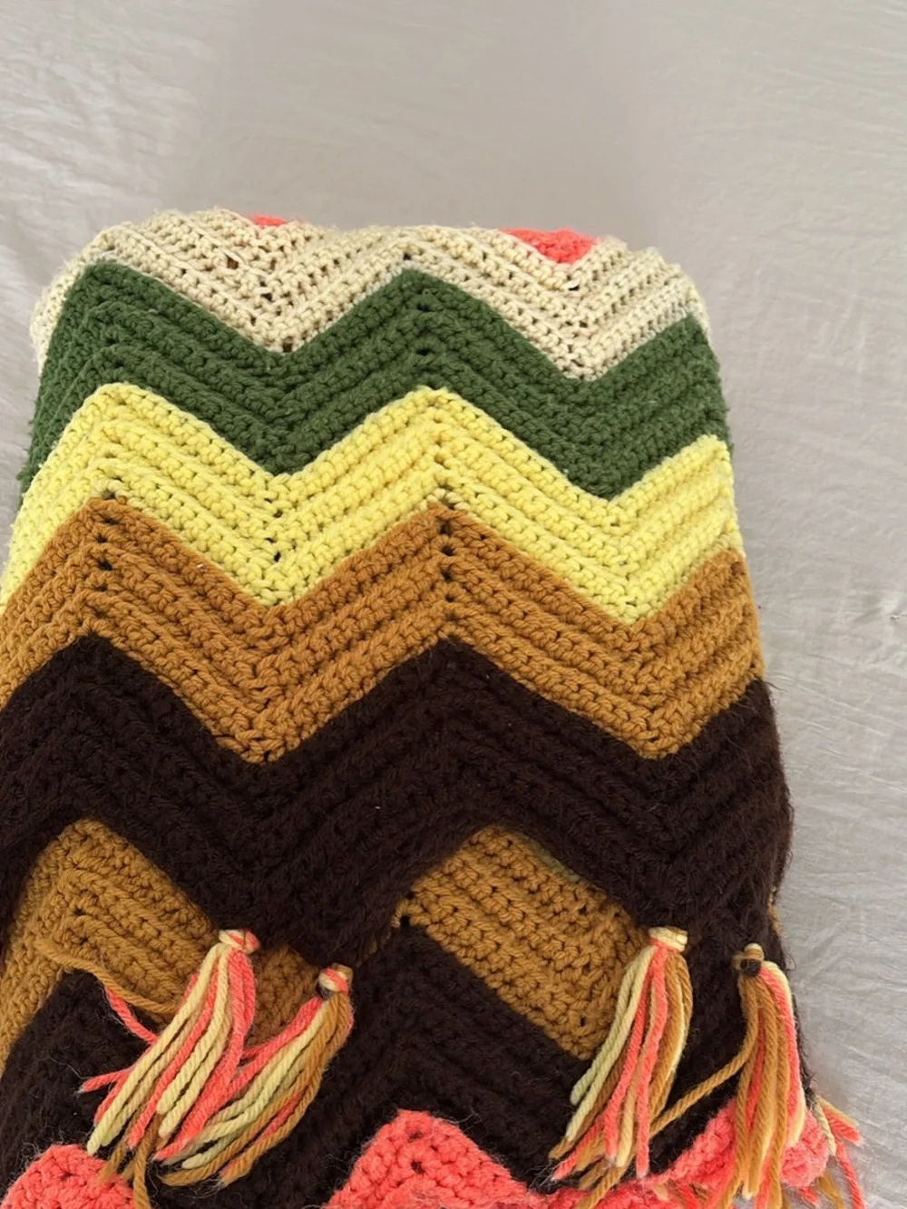 Chevron Crochet Granny Throw in Brown, Mustard, Yellow, Green & Coral